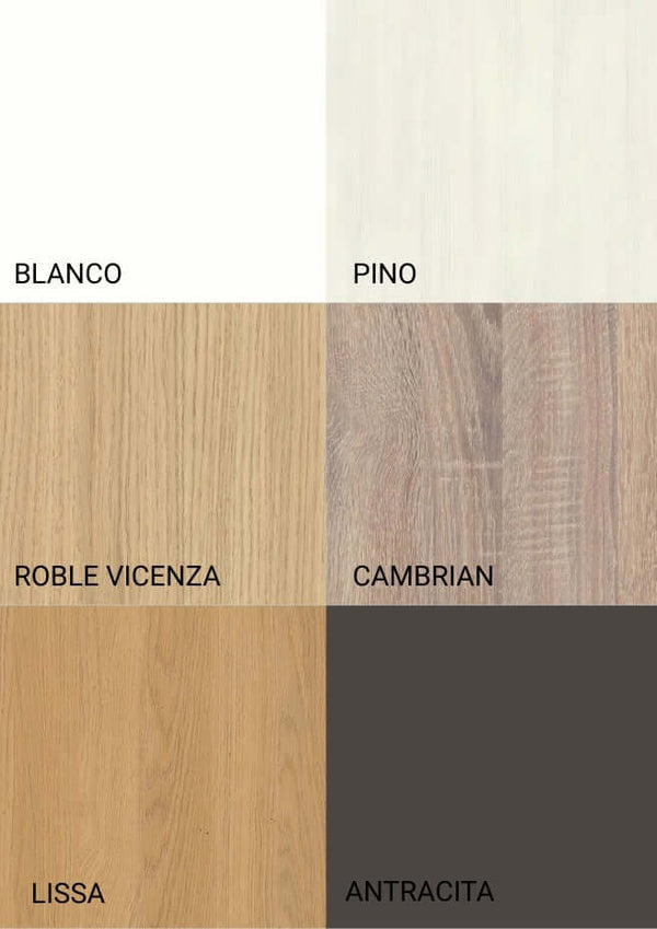 Muestra de diferentes acabados de madera para el canapé de cajones Curvabox: blanco, pino, roble Vicenza, cambrian, lissa y antracita.