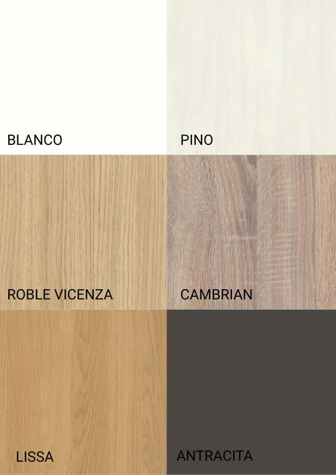 Muestra de diferentes acabados de madera para el canapé de cajones Curvabox: blanco, pino, roble Vicenza, cambrian, lissa y antracita.