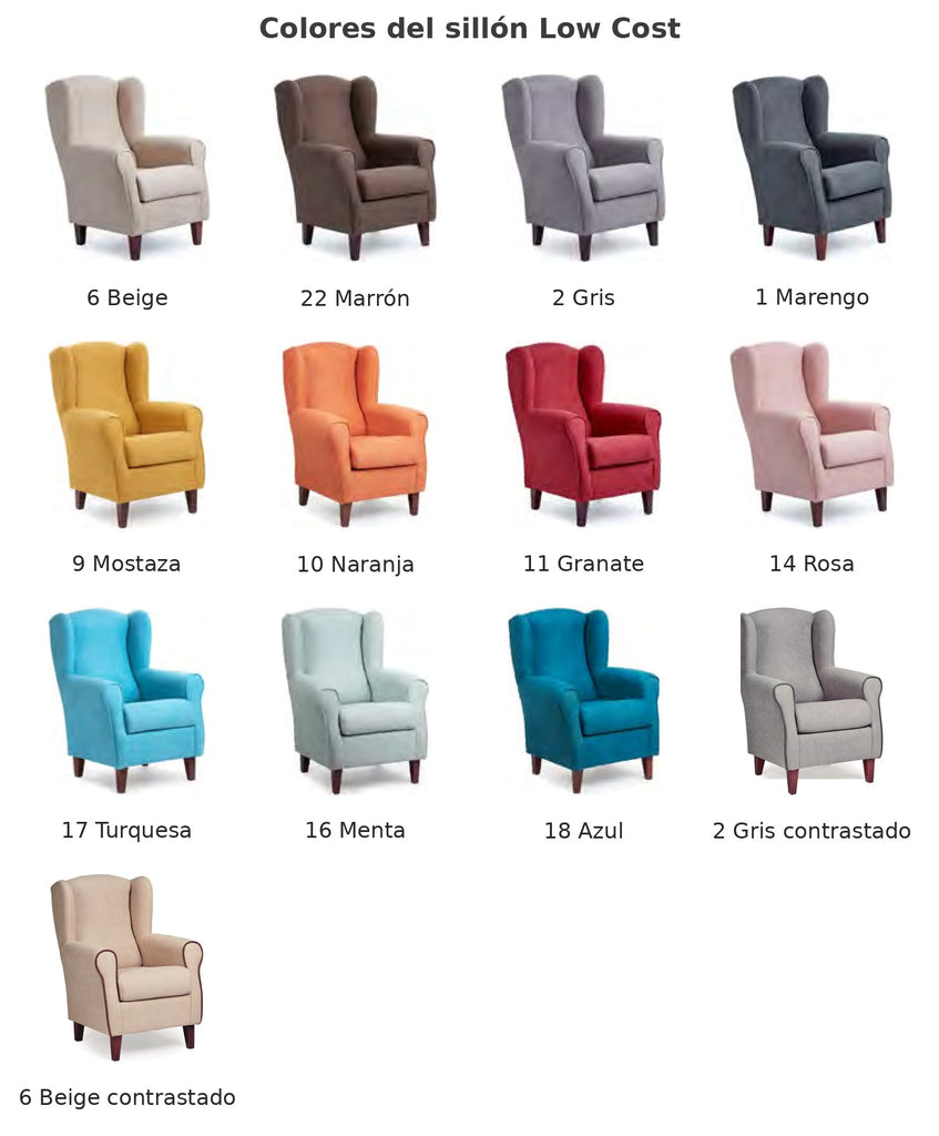 Carta de colores del sillón orejero Low Cost: 11 colores lisos y 2 contrastados, numerados